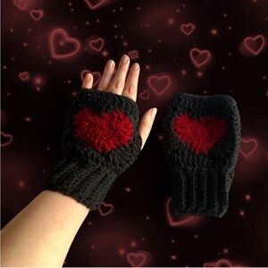 crochet black and burgundy heart fingerless gloves/handwarmers HANDMADE